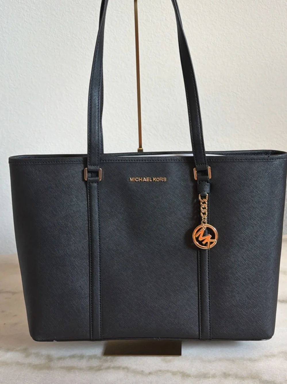 Michael Kors Black Saffiano Tote with Gold Logo Charm